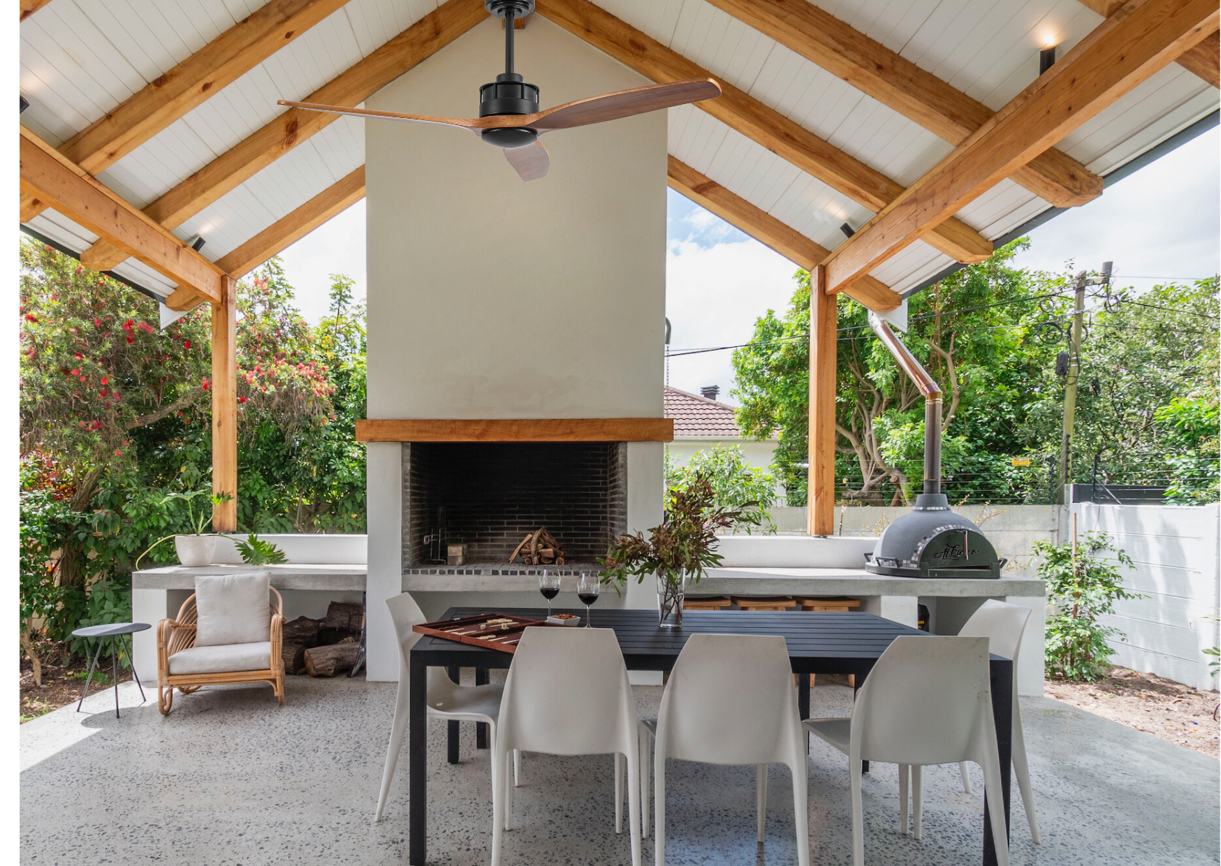 Selective Fans Matanuska outdoor ceiling fan installed on a wooden patio ceiling for alfresco cooling.